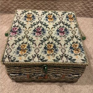 Vintage Sewing Box Basket Floral Tapestry Woven Japan